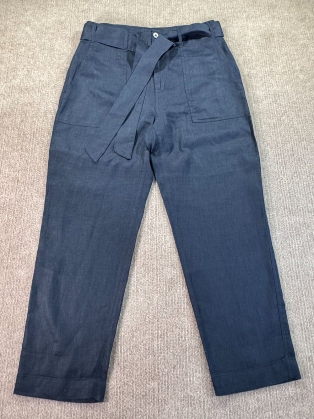 Lauren Ralph Lauren Women 8 Linen Tie-Waist Tapered Pants Navy Blue Beach Resort